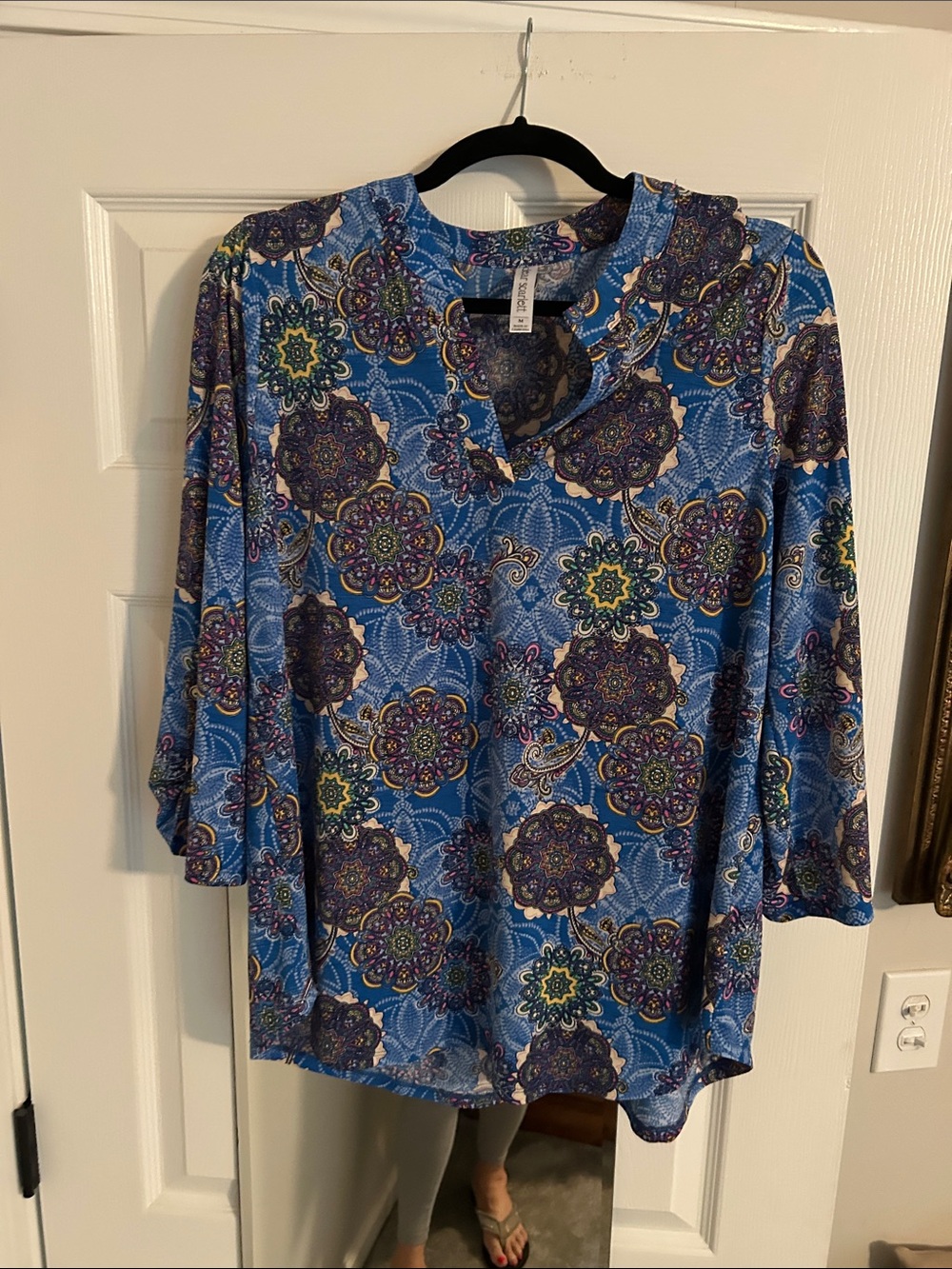 Women's Blue Printed Long-Sleeve V-Notch Pullover Top